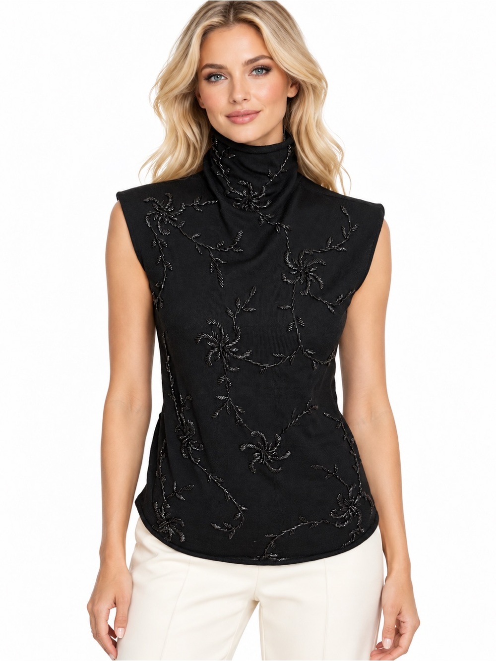 DKNY Size Large Black 100% Wool Beaded Floral Sleeveless Turtleneck Sweater Top